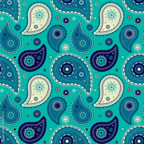 Traditional eco of summer colors. Curled herbal in ethnicity indian. Native boteh on repeat paint.