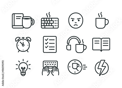Coffee and Productivity. Productivity with coffee. Line icon set of productivity with coffee: coffee and notebook, coffee next to keyboard, focused face,