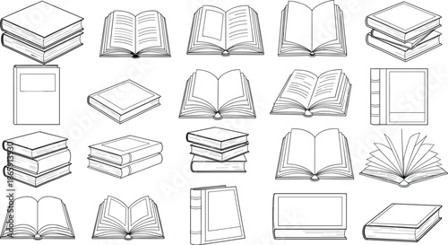 Black and white book outline vector set with open and closed textbooks stacks library reading icons isolated