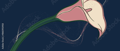 Elegant pink and cream calla lily illustration with a long green stem is rendered in a modern, artistic style with halftone textures and dynamic particle swirls