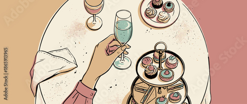 Woman's hand holding a champagne flute at an elegant afternoon tea party with a tiered stand full of delicious pastries, cakes, and sandwiches