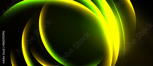 Abstract design features flowing yellow, green lines. Dark background emphasizes luminous curves, creating dynamic visual effect.