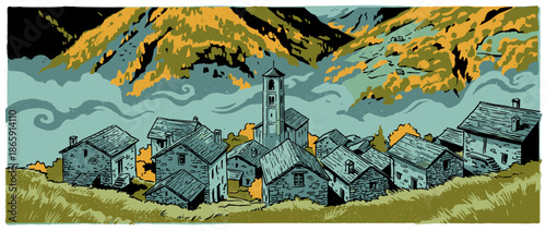 Rustic stone village with a church bell tower nestled in a misty mountain valley, depicted in a bold, graphic illustration style with an autumnal color palette