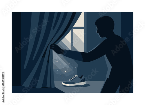 Lost Shoe Discovery. Shoe behind the curtain. Person pulling back a long curtain; dust sparkles revealing the missing shoe. Gentle light rays from a window.