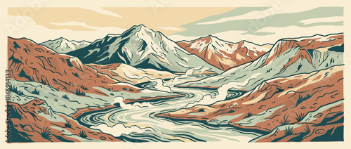 Beautiful linocut style vector illustration of a mountain range with a winding river flowing through a scenic valley in a vintage, muted color palette