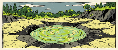 Mysterious crater filled with swirling green toxic liquid in a desolate landscape, rendered in a vintage comic book illustration style with bold outlines and halftone textures