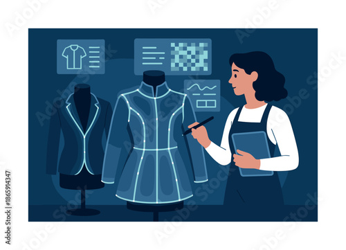 Futuristic Fashion Innovation. Tech fashion ideas. The designer works on futuristic garments with glowing seam lines and digital pattern notes hovering like