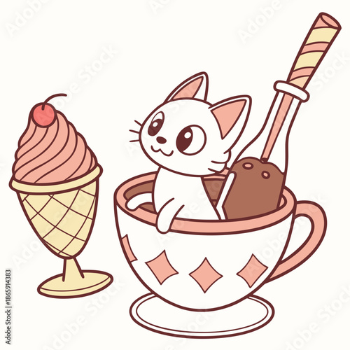 Scoops & Swirls themed SVG: Funny Sphynx cat with in a teacup in a Ice cream party environment