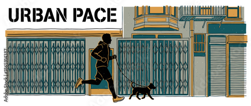 Stylized graphic illustration of a person running with a small dog on a leash past city storefronts with security gates in a modern, energetic urban scene