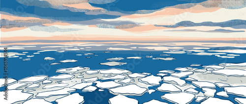 Graphic illustration of an arctic sea with floating ice floes under a serene pink and blue sky with stylized clouds, depicting a vast and cold polar landscape in a modern halftone style