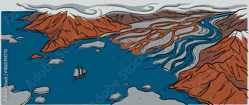 Hand-drawn illustration of an arctic fjord with a braided river, snowy mountains, and a small wooden sailing ship navigating through floating icebergs