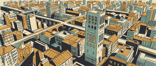Stylized cityscape illustration with a prominent tower and buildings in a retro comic book style with a limited color palette, viewed from a high angle axonometric perspective