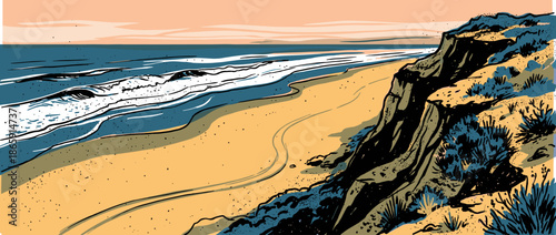 Stylized coastal landscape illustration showing a sandy beach, ocean waves, and a rocky cliff with vegetation in a graphic, comic book art style with a warm sunset sky