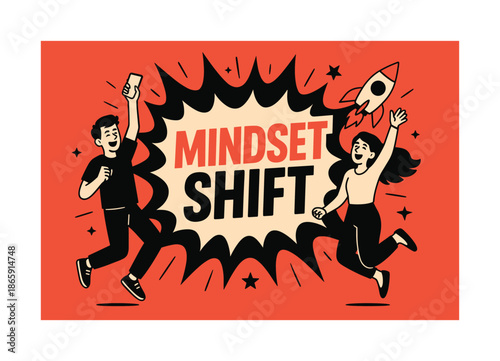 Mindset Shift Explosion. Mindset Shift banner, flat vector illustration, bold oversized text inside splash explosion banner, cartoon characters jumping