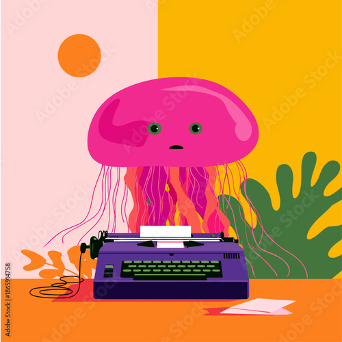 Whimsical Jellyfish Typing on a Vintage Typewriter