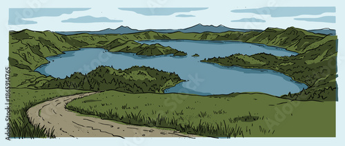 Hand-drawn landscape illustration of a scenic lake surrounded by green hills, mountains, and islands with a winding dirt road in the foreground, depicted in a comic book art style