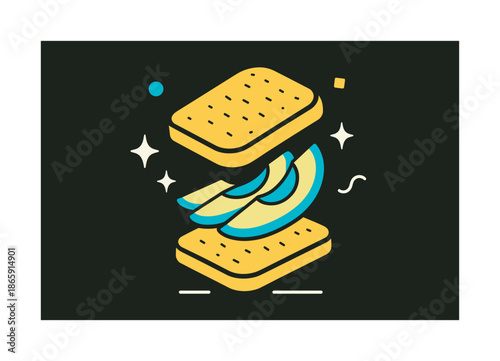 Avo Toast Artistry. Avo crunch. Toasted bread lifts mid-air as avocado slices glide into place; soft sparkles show freshness. Minimal shapes drift around.