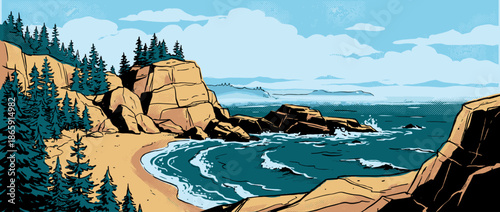 Rocky seashore illustration with a sandy beach cove and pine trees on cliffs, rendered in a retro comic book style with halftone dot patterns and a limited color palette
