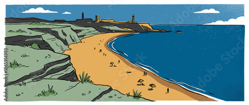 Coastal landscape illustration of a sandy beach cove with green cliffs, a blue sea, and a distant lighthouse in a graphic comic book art style with halftone textures