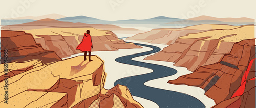 Heroic figure in a flowing red cape stands on a cliff edge overlooking a vast canyon landscape in a minimalist comic book style illustration