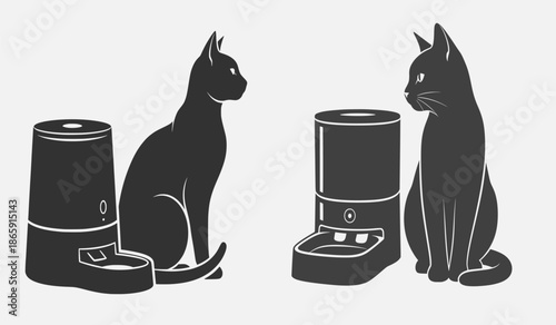 Cats sitting beside automated pet feeders in a modern home environment