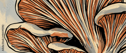 Stylized oyster mushroom gills in a graphic comic book art style with bold black lines, a limited color palette, and halftone dot shading for a retro, textured effect