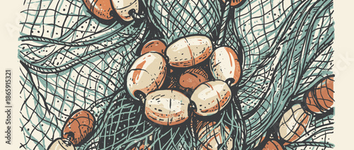 Detailed fishing net with orange floats illustrated in a rustic, hand-drawn linocut style with a vintage nautical aesthetic and a muted, limited color palette