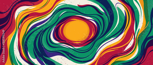 Abstract colorful swirling pattern with vibrant wavy lines and a central circular shape in a retro pop art style with halftone texture and dynamic energy