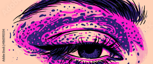 Stylized pop art illustration of an eye with vibrant pink and purple eyeshadow, long black eyelashes, and retro comic book halftone dot texture in a graphic, edgy style