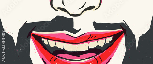 Wide, smiling mouth with red lipstick in a graphic pop art style illustration showing an exaggerated, joyful, and slightly sinister expression with bold lines and textures