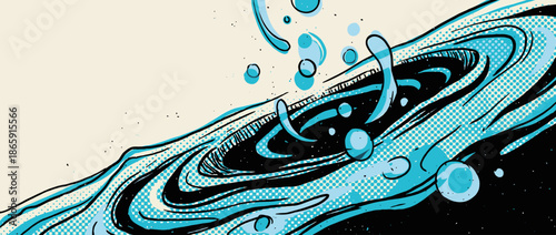 Dynamic comic book style water splash illustration with swirling blue liquid, energetic drops, bold black ink lines, and retro halftone dot patterns