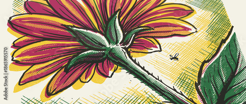 Vibrant magenta and yellow flower illustration in a retro comic book style with bold outlines and halftone dots, viewed from a low angle with a small insect flying nearby