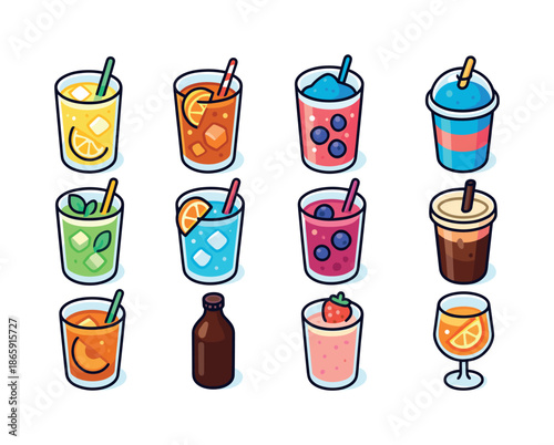 Summer Drink Icons. Summer drinks. Colorful isometric vector icons set of summer drinks: iced lemonade, iced tea, fruit soda, slushie cup, mint cooler,