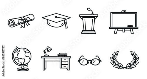 Education icons: diploma, graduation cap, podium, easel, globe, desk, glasses, laurel wreath