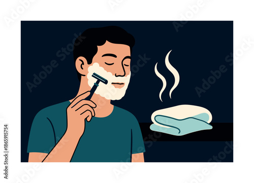 Gentle Shaving Routine. Shaving with safety razors. A person gently guides a classic safety razor along their cheek, steam curling from a warm towel nearby.