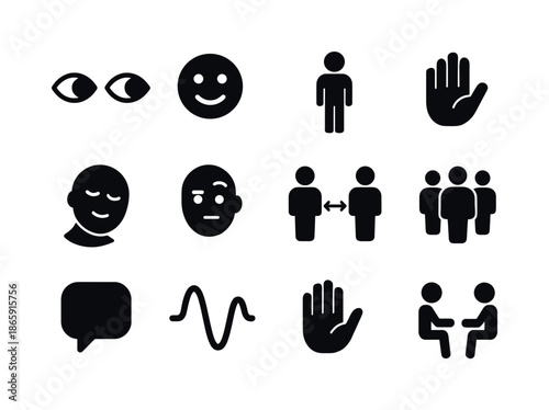 Social Cues Icons. Social cues. Solid icon set of Social cues: eye contact, smile, posture icon, gesture hand, nodding head, raised eyebrow, distance symbol,
