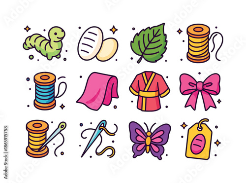 Silk Icons Collection. Silk. Colorful isometric vector icons set of silk: silkworm, cocoon, mulberry leaf, silk thread, reel, fabric, kimono, ribbon, spool,