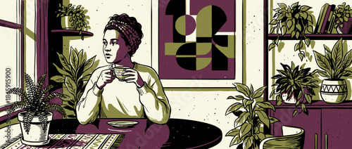 Thoughtful woman with braided hair and a headband sits at a table holding a cup of tea in a cozy room filled with houseplants, depicted in a graphic illustration style