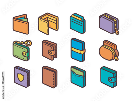 Colorful Wallet Icons. Wallet styles. Colorful isometric vector icons set of Wallet styles: bifold, trifold, slim cardholder, zipper wallet, chain wallet, snap