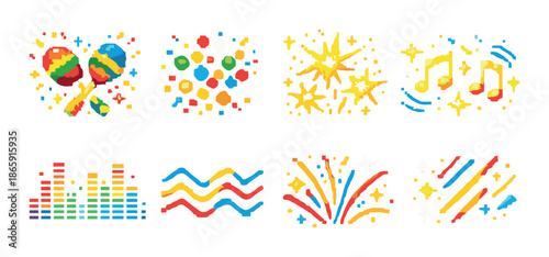 Vibrant neon pixel art collection of party and celebration icons