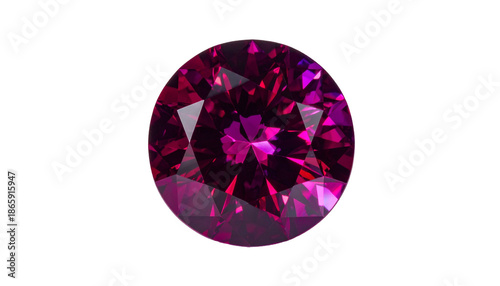 Brilliant-cut, faceted jewel, dark pink color, set against a black backdrop