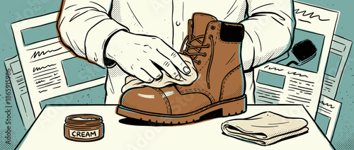 Brown leather work boot being carefully cleaned by a person's hands with a cloth and cream in a detailed, retro comic book illustration style on a table