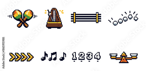 Pixel art percussion instruments and music symbols set