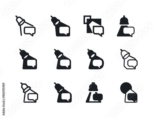 Celebrity Interview Icons. Celebrity interview. Icon set. Set Logo of celebrity interview: speech bubble spotlight. harmonious logo variations of the same