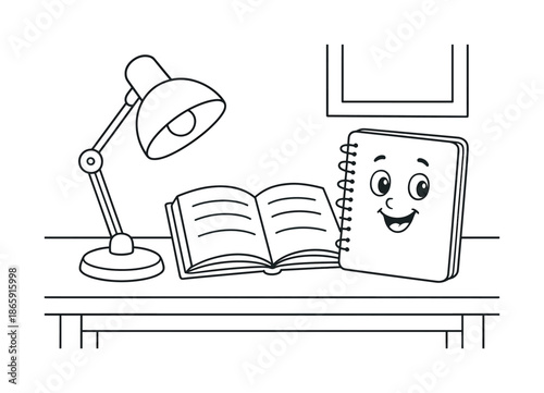 Children's Study Desk. Study desk children?s coloring book illustration, outlined drawing, a tidy desk with a basic lamp, book, and friendly notebook