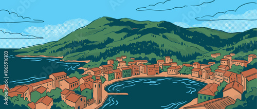 Picturesque seaside town with terracotta roofs situated on a calm harbor with a lush forested mountain, depicted in a retro comic book art style with halftone textures