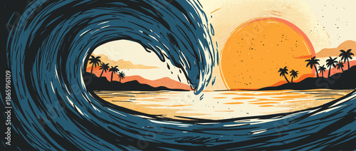 Large blue curling ocean wave illustration shows a tropical beach with palm trees and a warm sunset, depicted in a retro comic book art style with bold lines and halftone textures