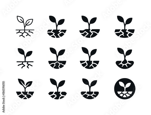 Desertification Icon Set. Desertification. Icon set. Set Logo of desertification: withered plant. harmonious logo variations of the same emblematic concept,