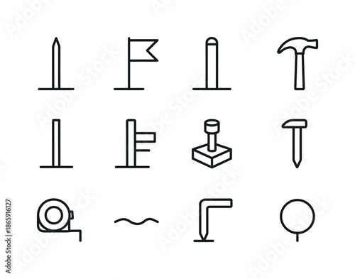 Land Stake Icons. Land stake. Line icon set of land stake: ground stake, survey flag, boundary marker, rope anchor, pole, fence stake, soil base, hammer,
