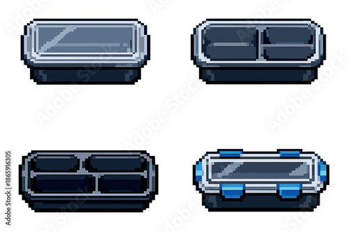 Pixel art metal containers with compartments on gray background
